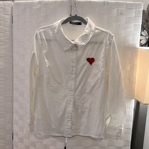 Unique white button down shirt with red heart detail and beautiful  trim